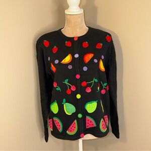 VTG Talbots Women’s Black Cardigan Sweater Medium Embroidered Fruit Beaded AOP